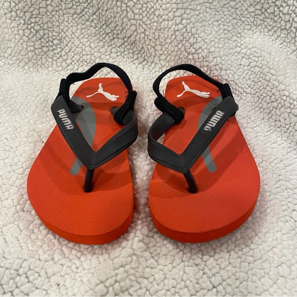 Puma Flip‎ Flops Orange Black Thong Kids Sandals Beach Pool Shoes Size 6.5/7